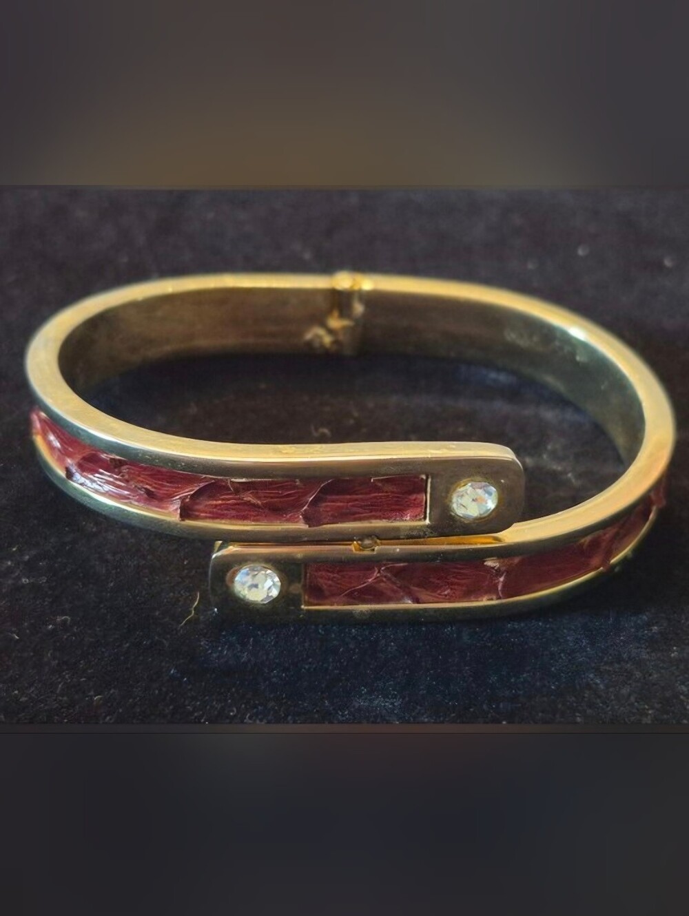 Vintage Bangle Bracelet In Gold Tone with Red Leather